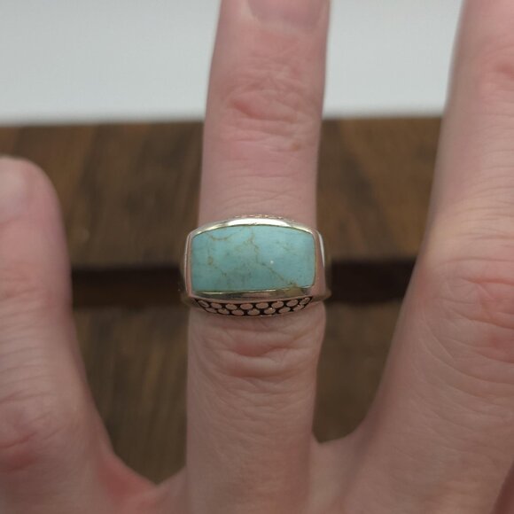 Size 6 Sterling Silver Turquoise Stone With Pattern Ring A1522 - Picture 2 of 8